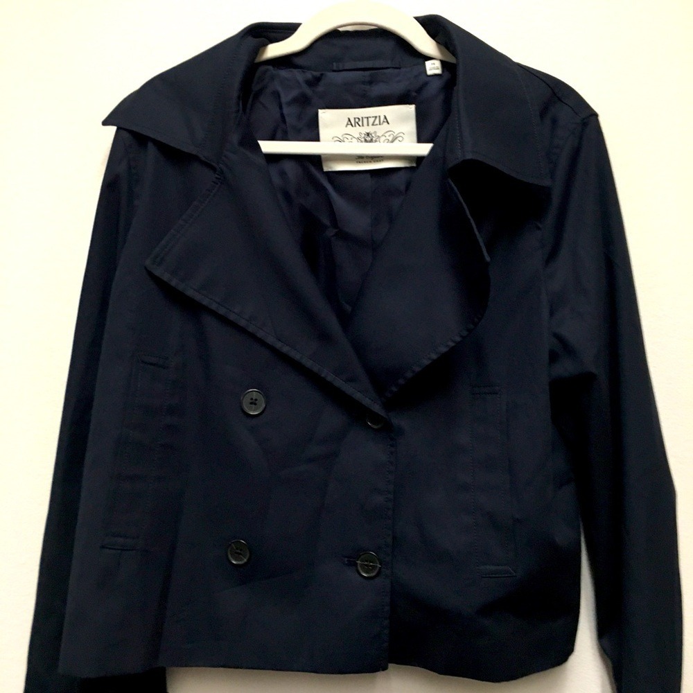 Aritzia Double Breasted Cropped Trench Coat Medium Navy Blue Dark Academia Chic